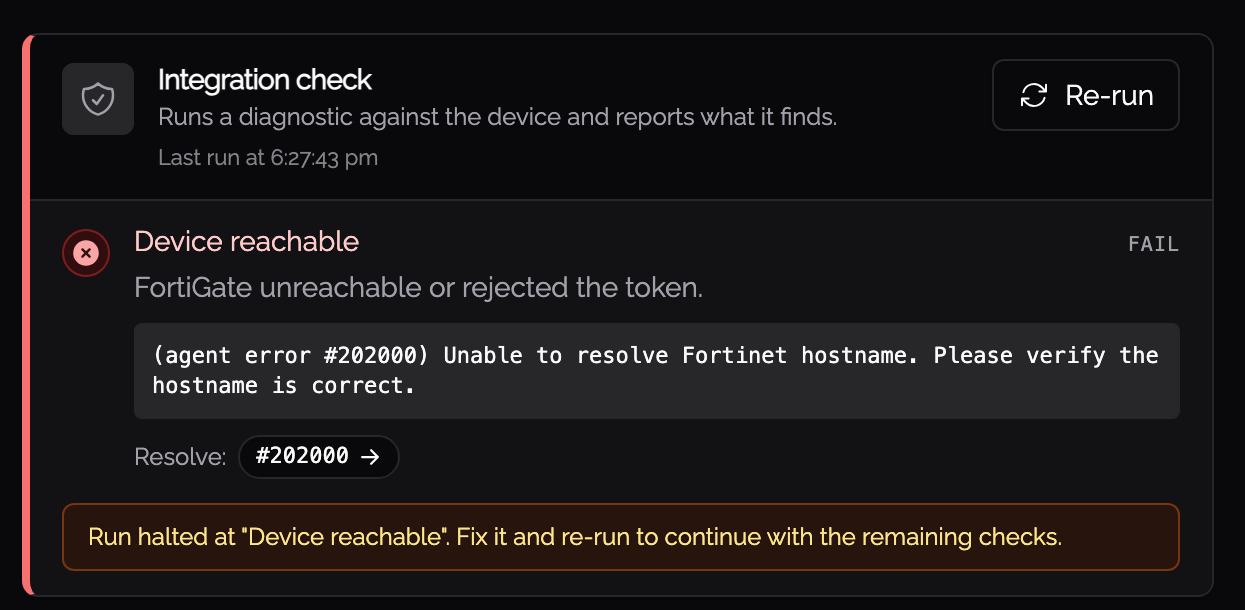 Integration check, device unreachable