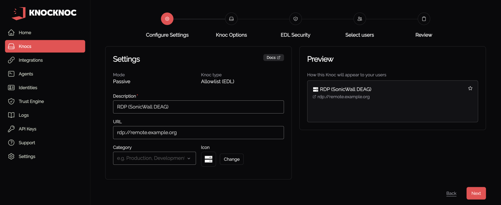 The Passive knoc settings, with mode Passive and knoc type Allowlist (EDL)