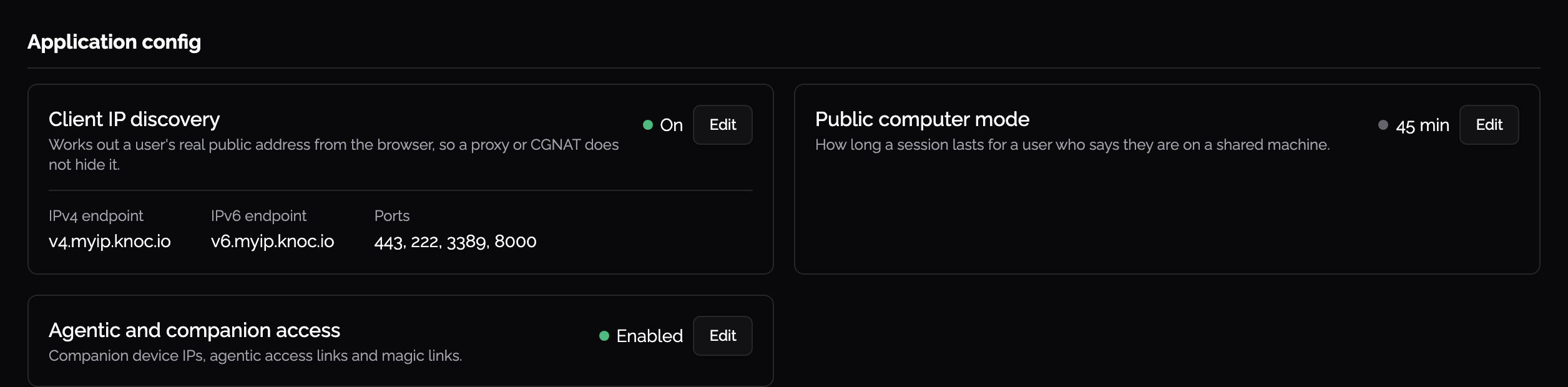 Application config: agentic and companion access, client IP discovery and public computer mode