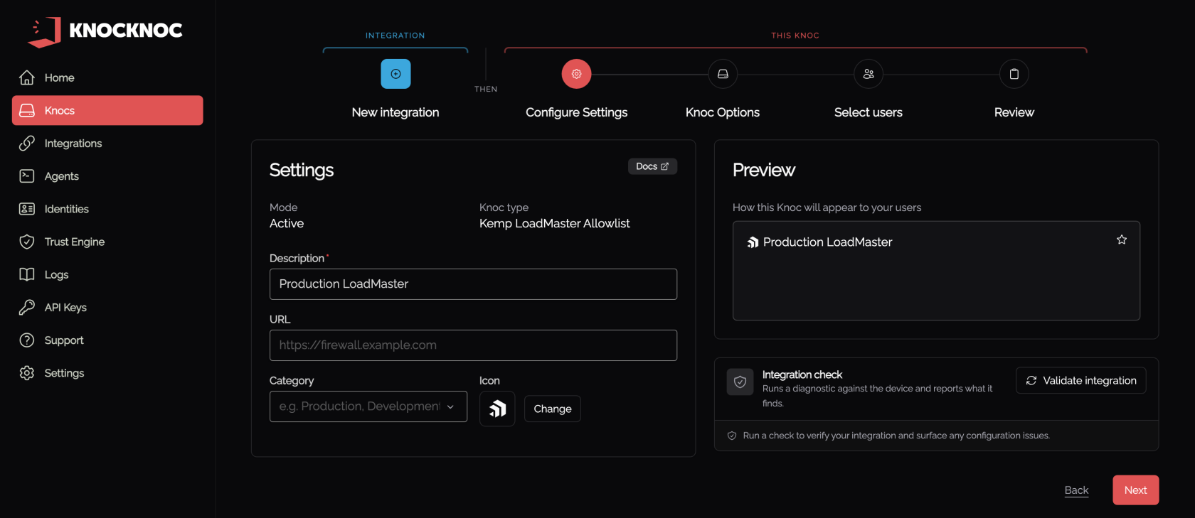 Wizard step 2, the knoc settings, with the description