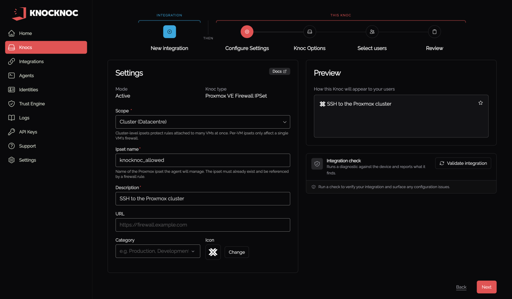 Wizard step 2, the knoc settings, with the scope and the ipset name