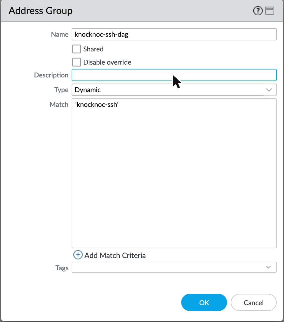 Address Group dialog with Type Dynamic and Match 'knocknoc-ssh'