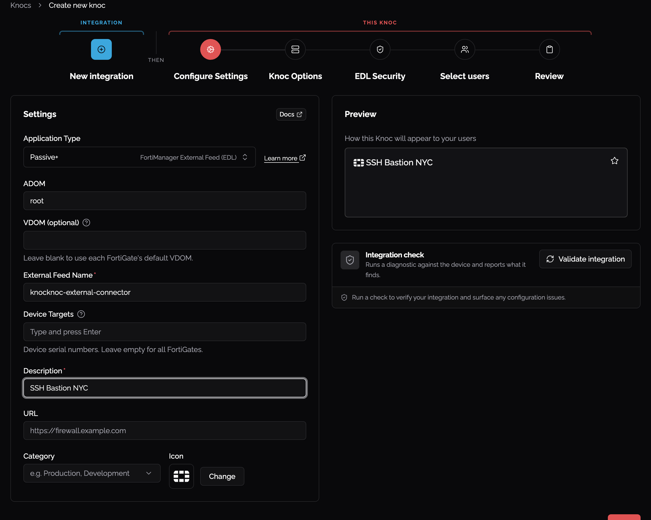 FortiManager Passive+ Knoc settings