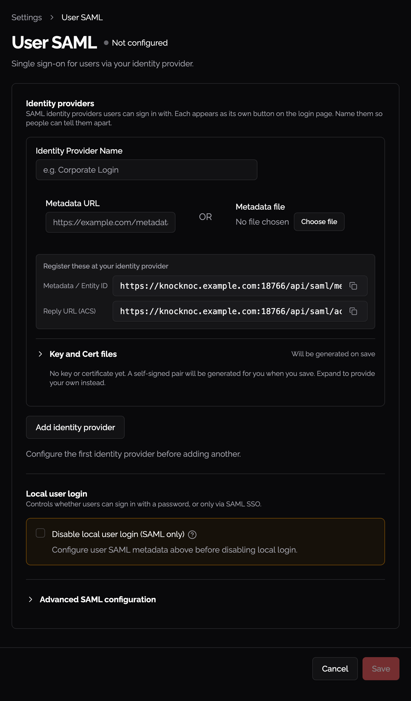 User SAML single sign-on settings
