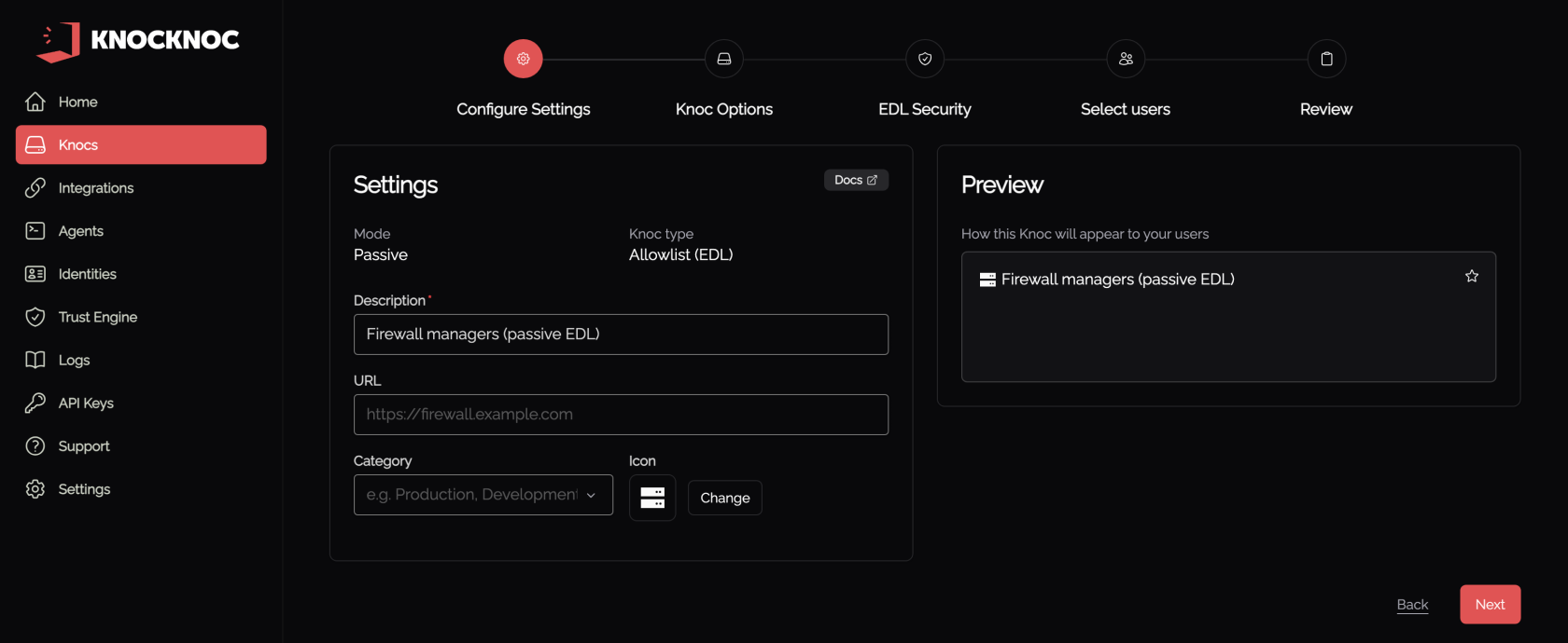 EDL (Passive) Knoc settings