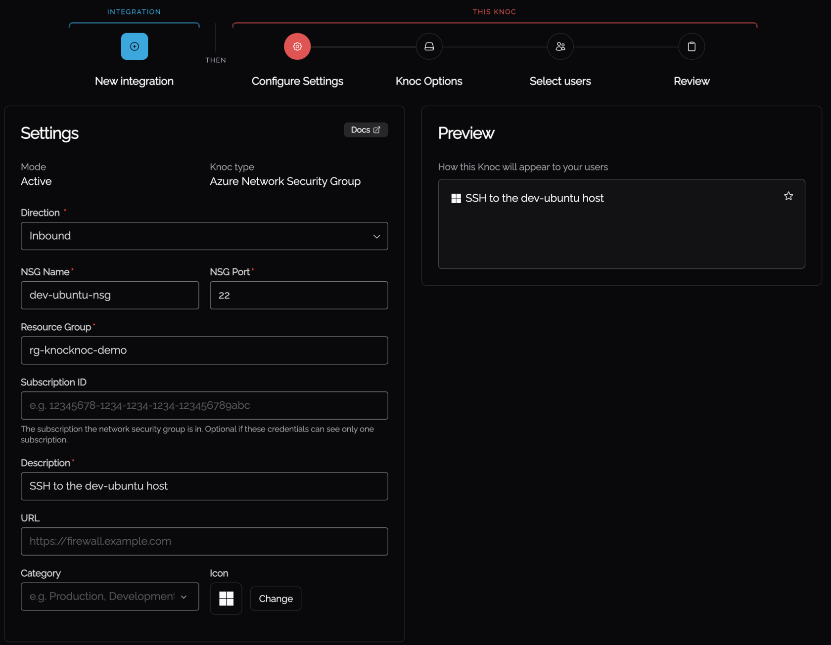 Knoc wizard step 2, the knoc settings, with Direction, NSG Name, NSG Port, Resource Group and the optional Subscription ID