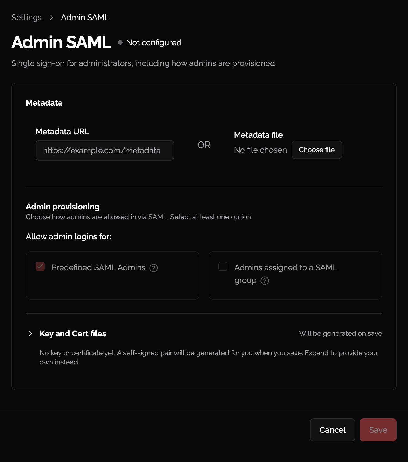 Admin SAML single sign-on settings