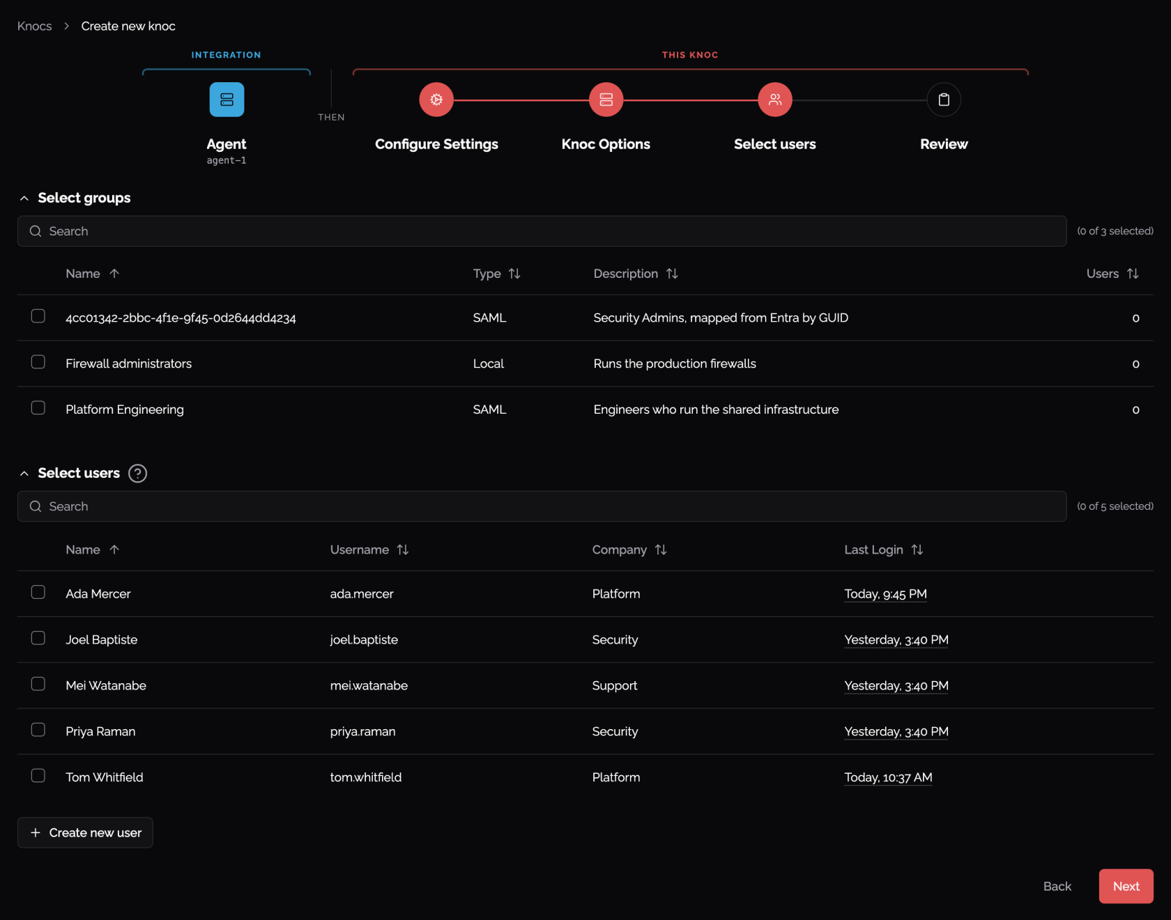 Select users step of the create-knoc wizard