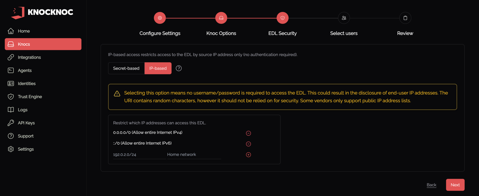The EDL Security step with IP-based access selected and the source address restrictions