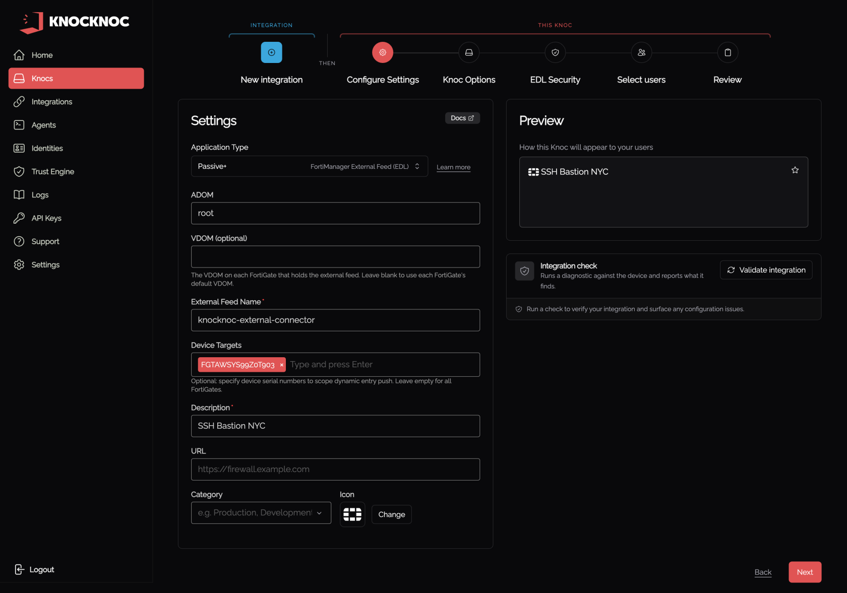 FortiManager Passive+ Knoc settings
