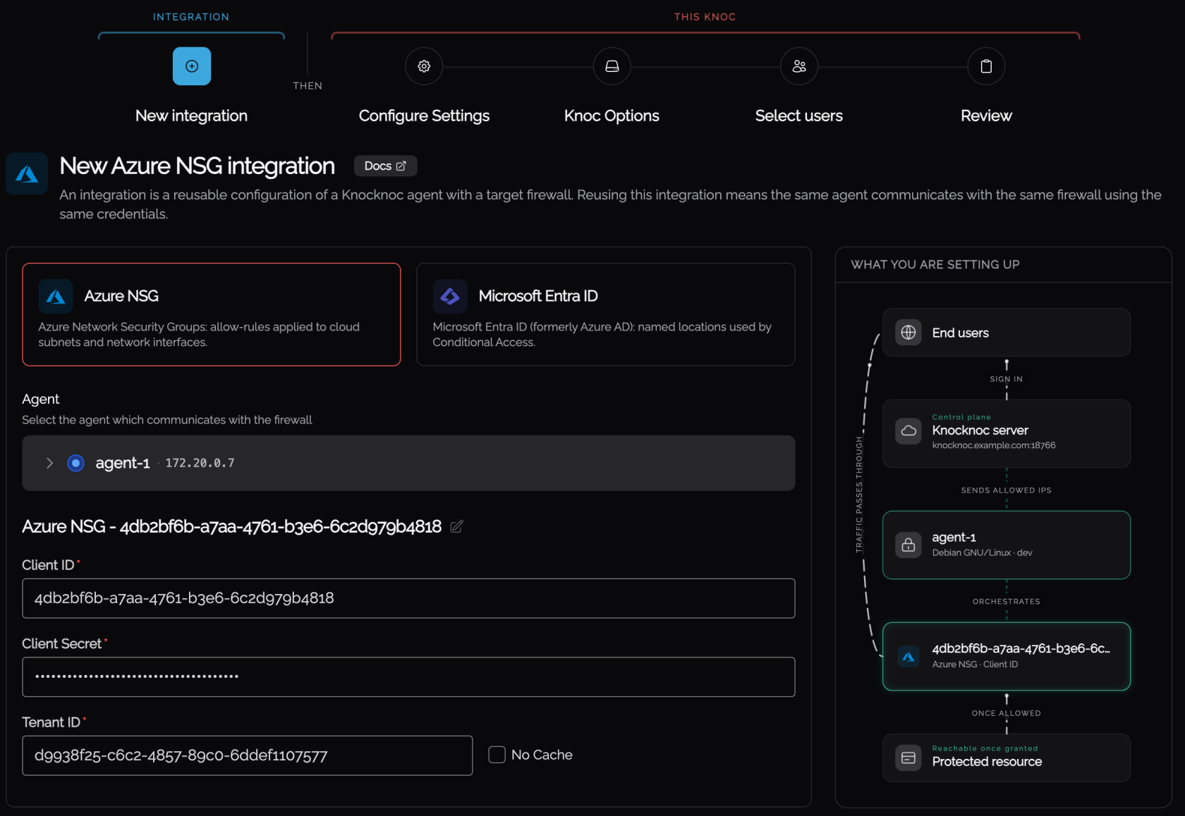 Knoc wizard step 1, the Azure NSG integration, with the agent picked and Client ID, Client Secret and Tenant ID entered