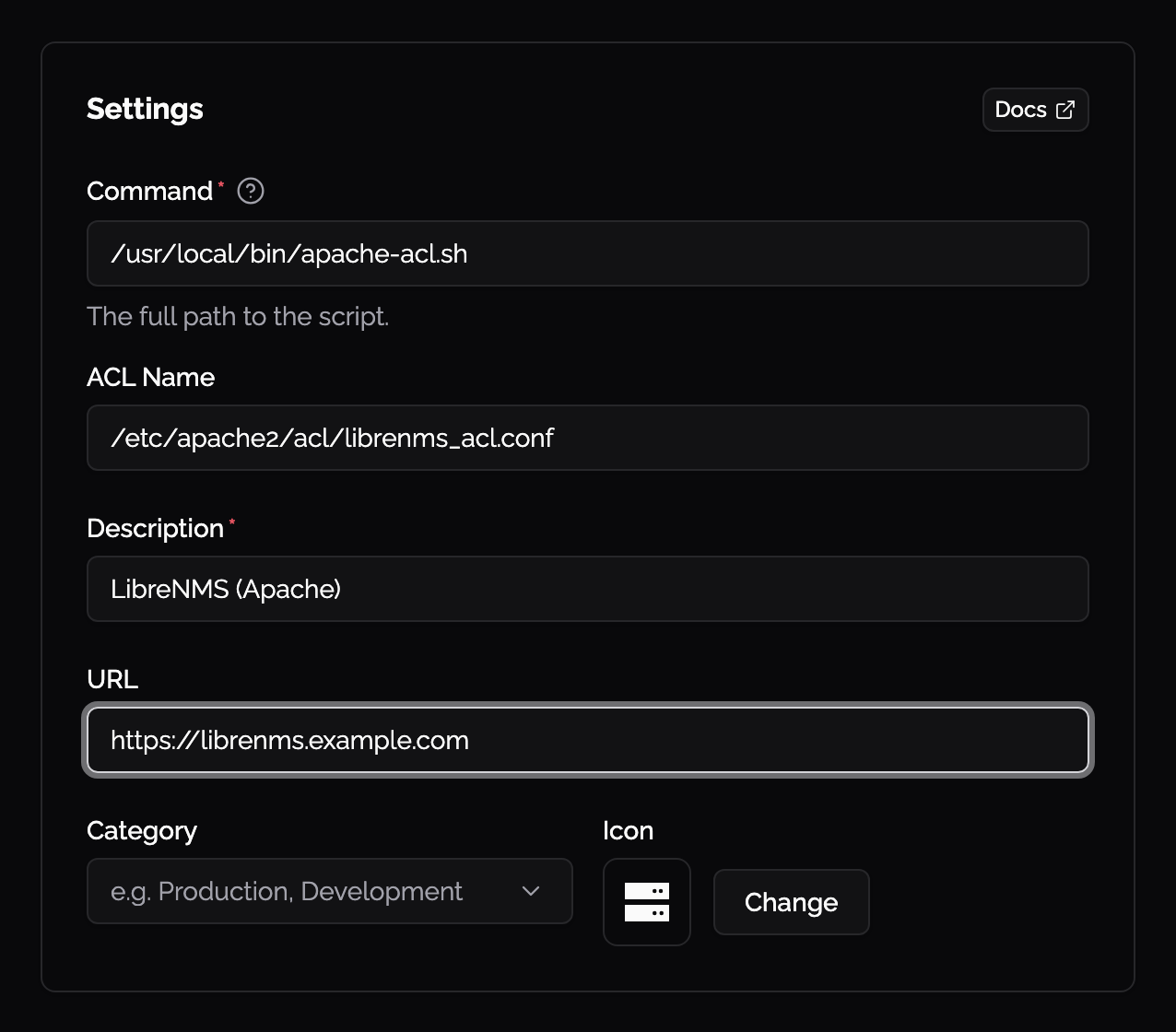 The custom script Knoc settings, with the apache-acl.sh command and the ACL file path