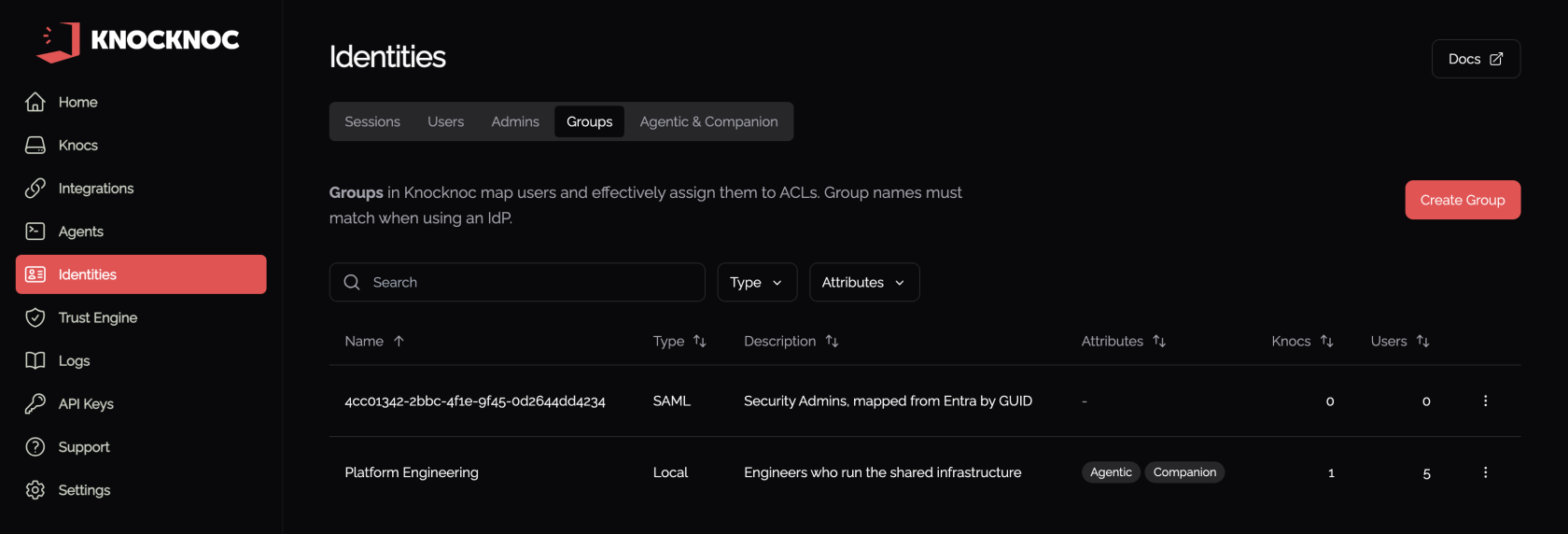 The Knocknoc Groups tab under Identities, with a SAML group named by its Entra object GUID