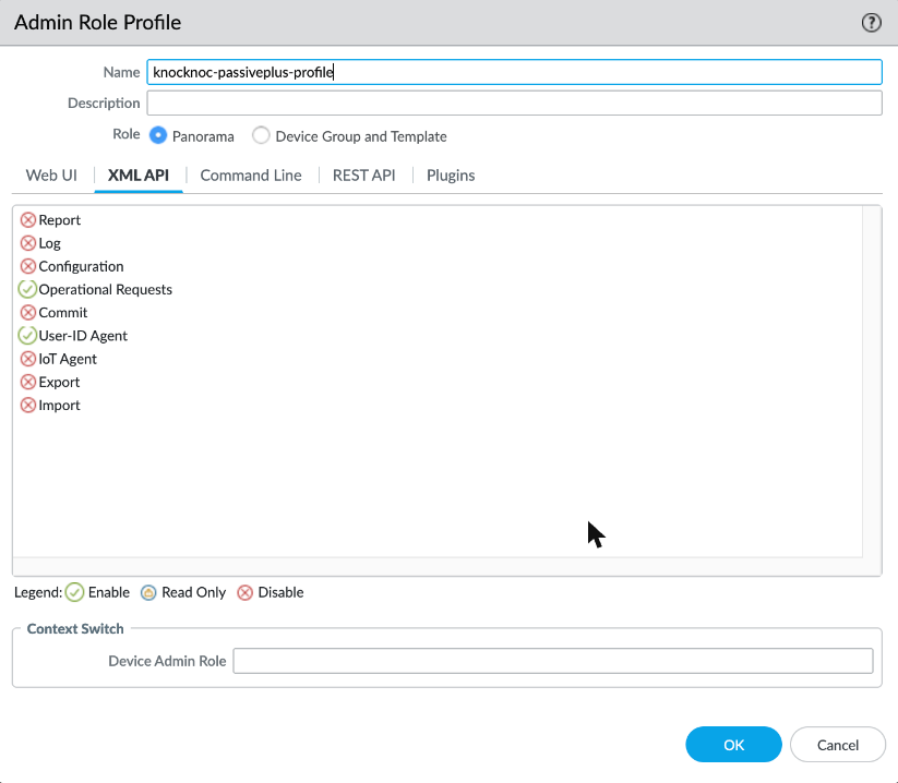 Admin Role XML API tab with Operational Requests and User-ID Agent both enabled