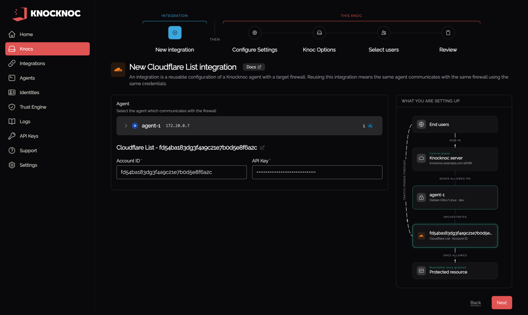 Wizard step 1, the Cloudflare List integration, with the agent, Account ID and API key