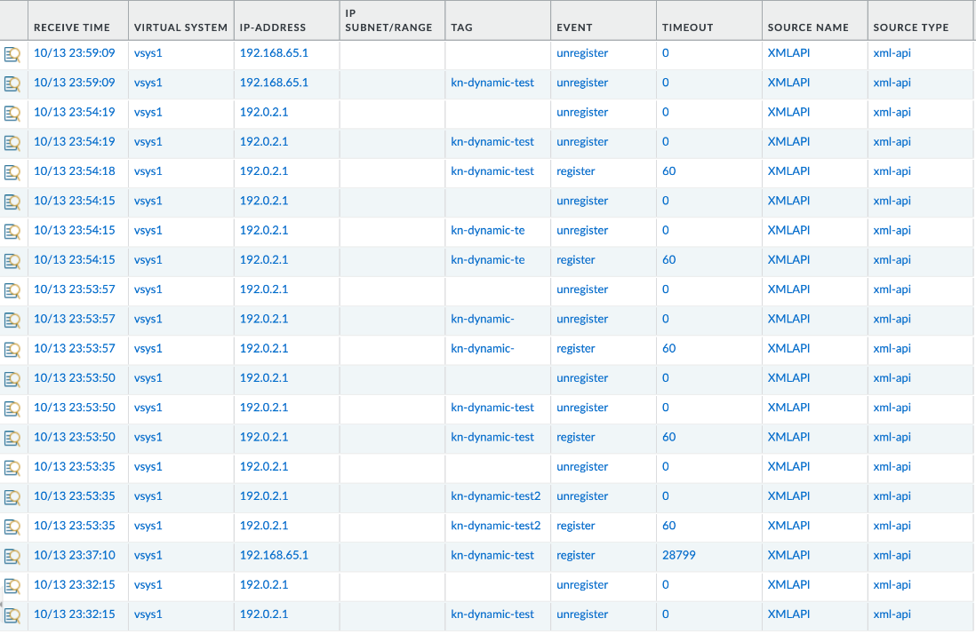 Firewall IP-Tag log showing register and unregister events from the XML API