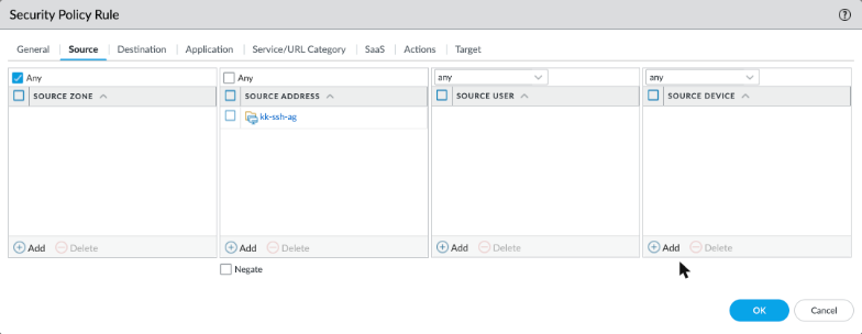 Security rule Source tab with only the DAG remaining