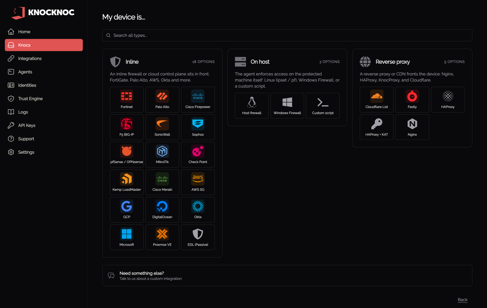 The Create new knoc device picker, with Cloudflare List under Reverse proxy