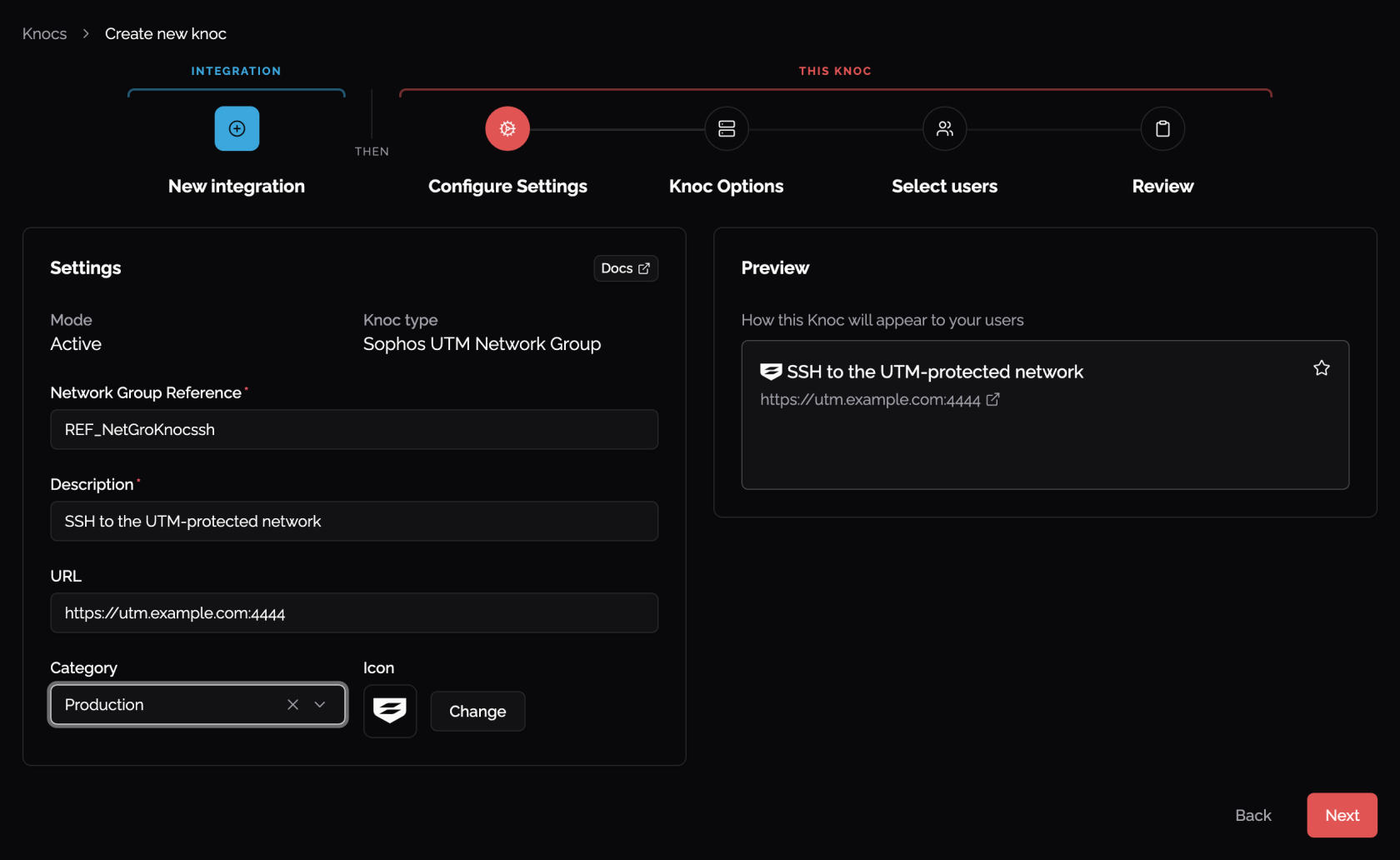 Wizard step 2, the knoc settings, with the Network Group Reference and description