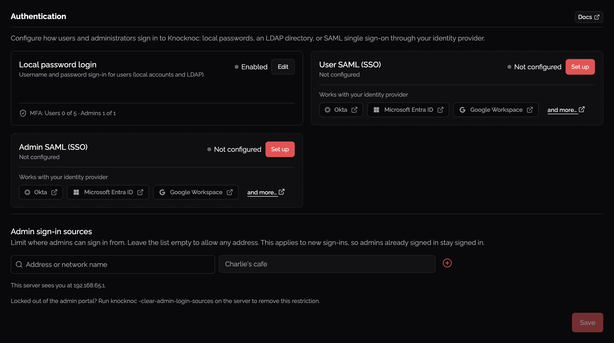 Authentication cards in admin Settings