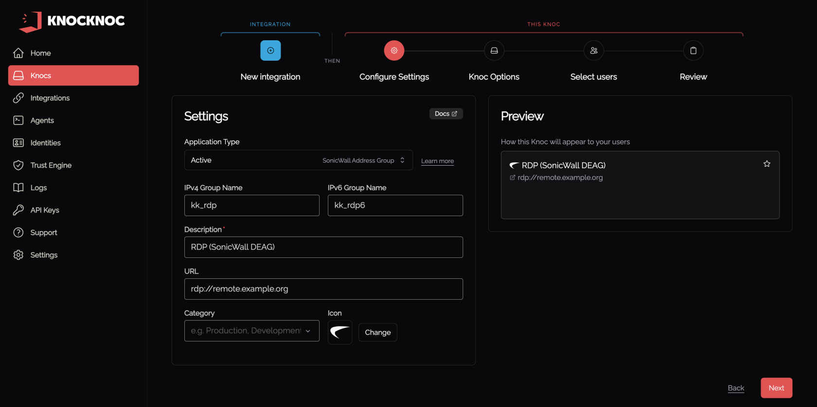 Wizard step 2, the knoc settings, with the IPv4 and IPv6 address group names