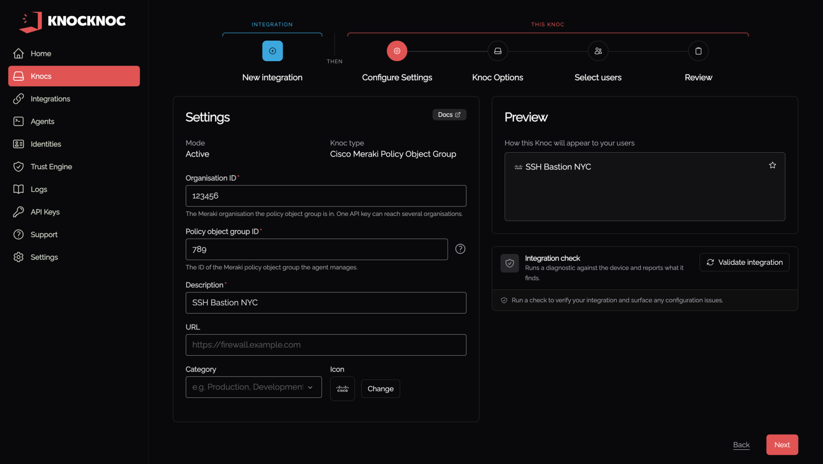 Wizard step 2, the knoc settings, with the Organisation ID and Policy object group ID