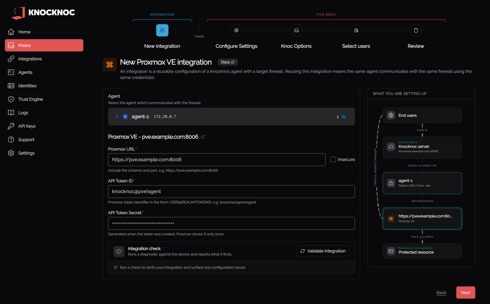 Wizard step 1, the Proxmox VE integration, with the agent, URL and API token