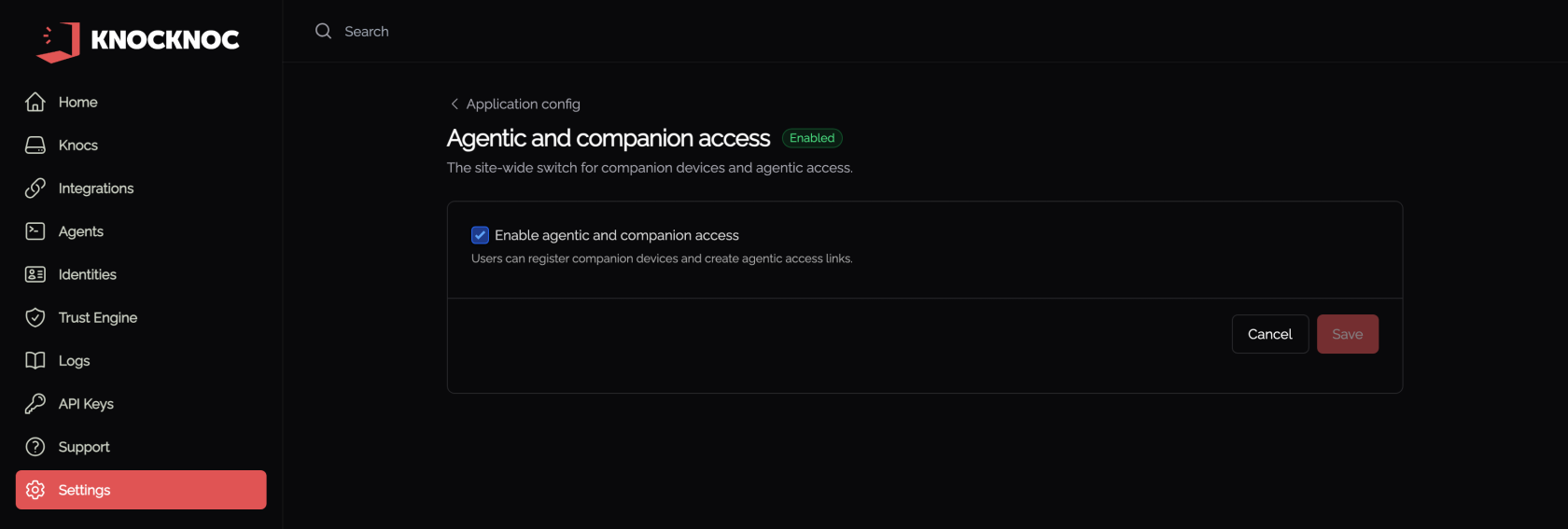 Settings, Application config, Agentic and companion access with the site-wide switch enabled