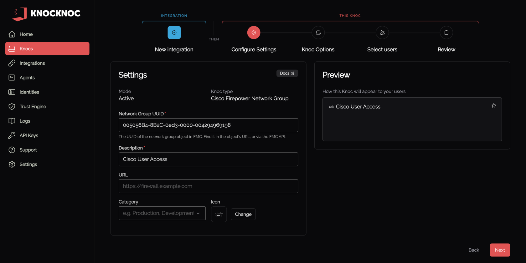 Knoc settings, network group UUID