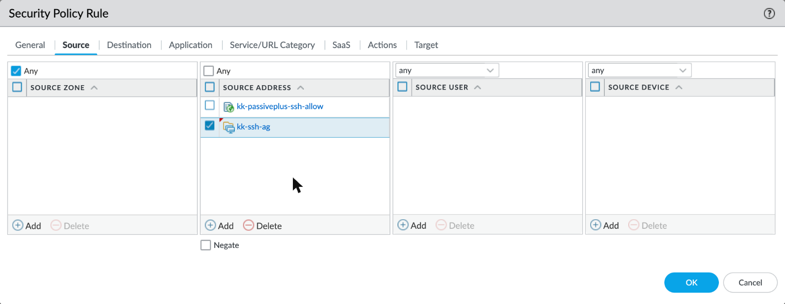 Security rule Source tab with both the EDL and the DAG under Source Address