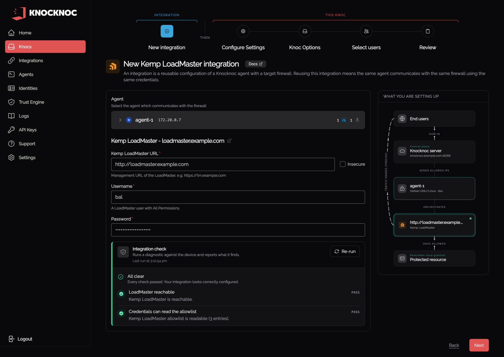 Wizard step 1, the Kemp LoadMaster integration, with the agent, URL and credentials and a passing integration check