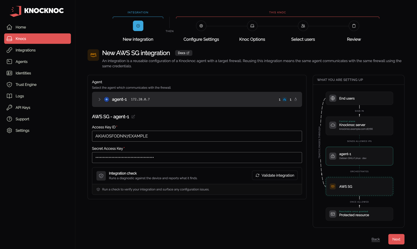 Wizard step 1, the AWS SG integration, with the agent and the access key