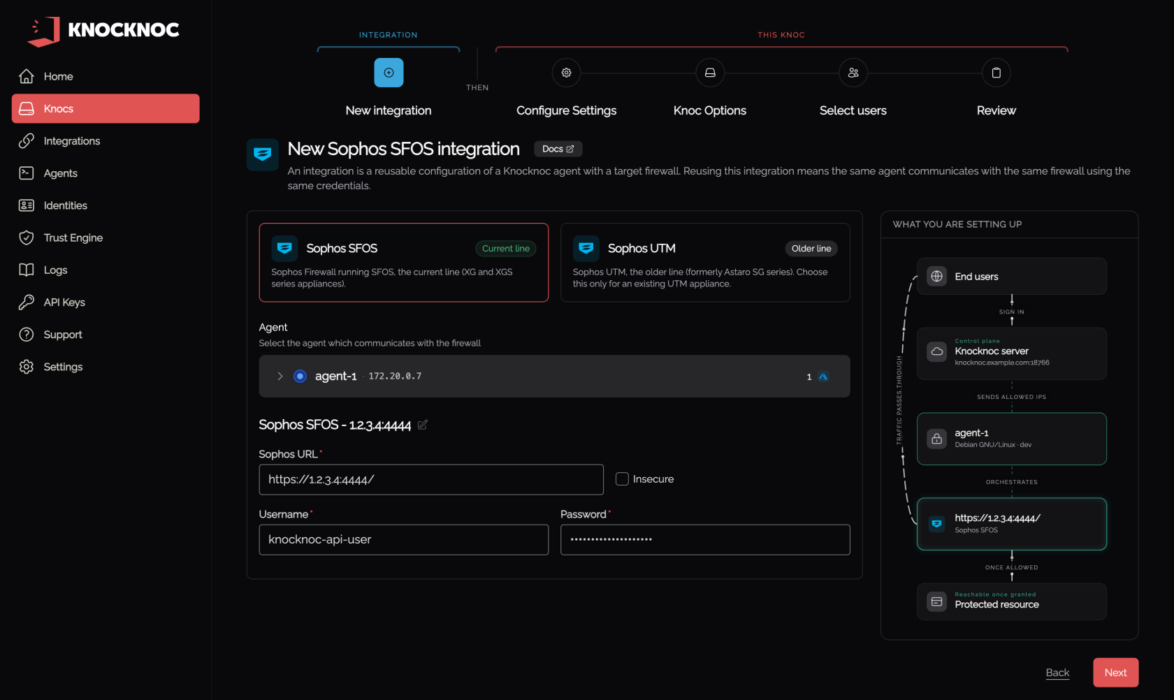 Wizard step 1, the Sophos SFOS integration, with the agent chosen and the firewall URL and API user entered