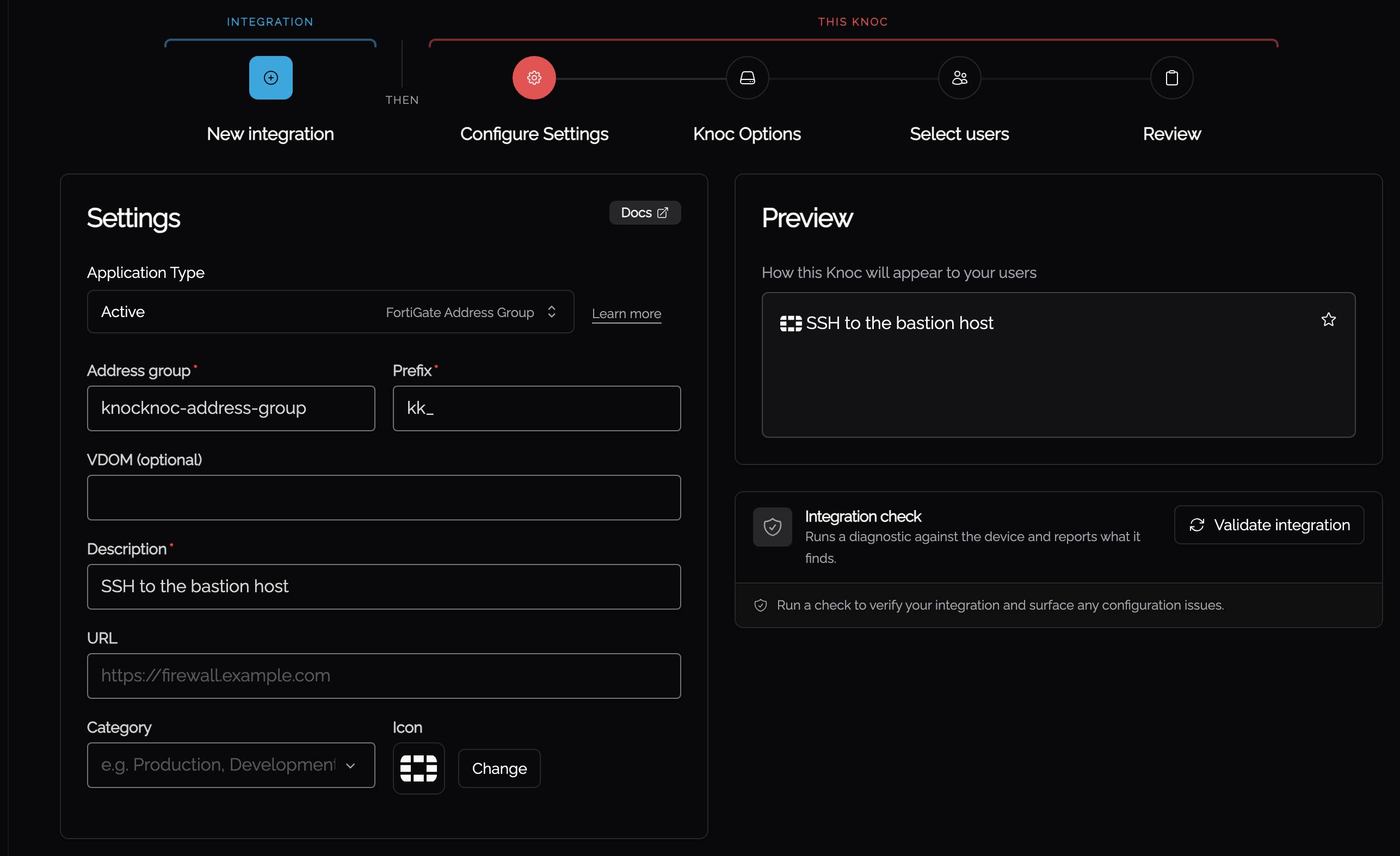 Configure Settings with the address group, prefix, description and preview